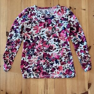 Talbots white Pink and Purple Floral ruched long  Sleeve cotton modal spandex